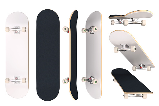 skateboard white color, plain and blank deck. Set of isolated object in different angle, mock up template for your logo and graphic design.