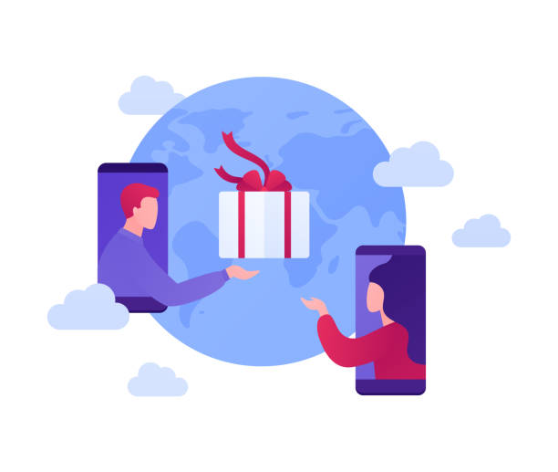 online-shopping und globales lieferservice-konzept. vektor flache menschen illustration. mann vom smartphone geben geschenk-box an frau. planet erde zeichen. design für e-commerce-banner, web-verkaufsanzeige - shopping christmas women retail stock-grafiken, -clipart, -cartoons und -symbole