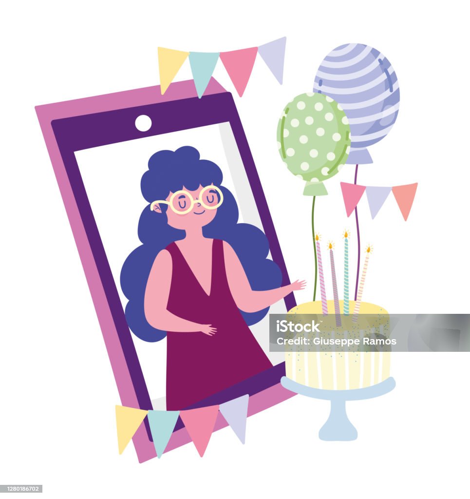 Online Party Woman Cartoon On Screen Mobile With Cake And Balloons ...