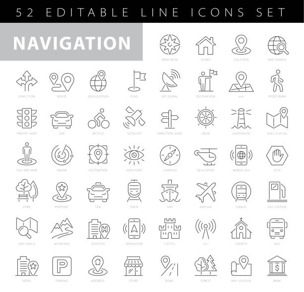 illustrazioni stock, clip art, cartoni animati e icone di tendenza di icone della linea del tratto modificabile per la navigazione - location services