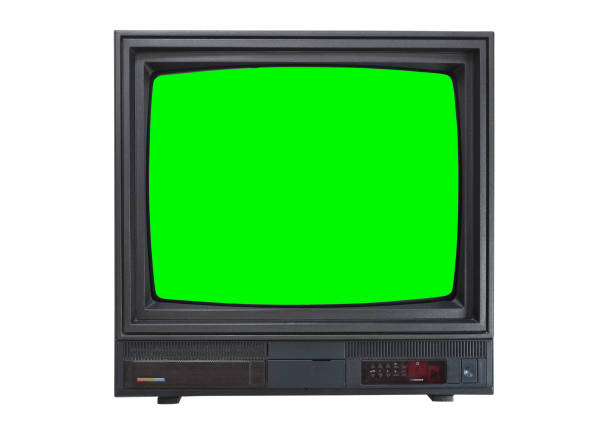 画面に新しい画像を追加するための黒ヴィンテージグリーンスクリーンテレビ。白い背景に隔離されています。 - box white blank computer software ストックフォトと画像