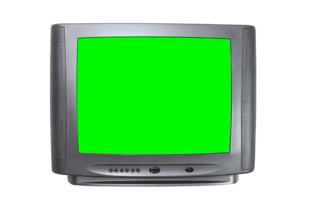 画面に新しい画像を追加するための黒ヴィンテージグリーンスクリーンテレビ。白い背景に隔離されています。 - box white blank computer software ストックフォトと画像