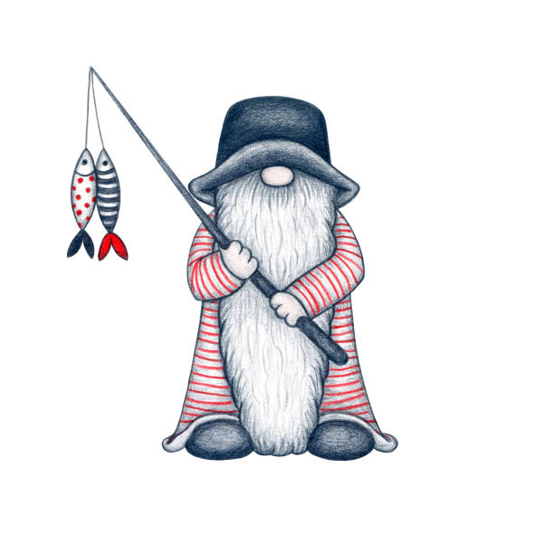 Hand Drawn Sailor Gnome In A Striped Vest Norse Fisherman Hat With Fishing  Rod And Two Colorful Fishes Colored Pencils Drawing Illustration Navy Blue  Red Element Isolated Stock Illustration - Download Image