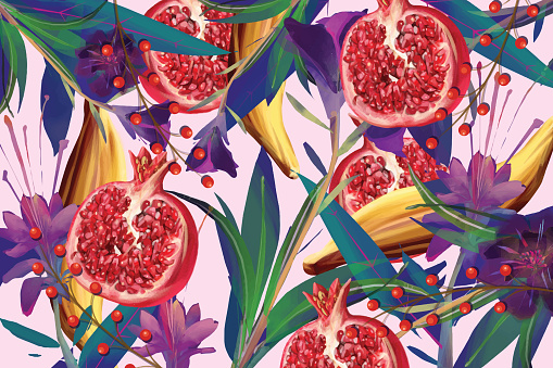 Seamless pattern with exotic jungle fruits and plants
