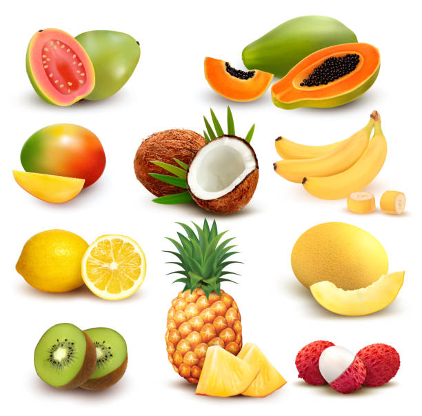 ilustraciones, imágenes clip art, dibujos animados e iconos de stock de colección de frutas exóticas y bayas. papaya, guayaba, limón, plátano, mango, coco, kiwi, guayaba, melón, piña. conjunto de vectores. - plátano fruta tropical