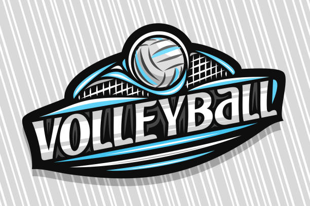 Vector label for Volleyball Vector label for Volleyball Sport, dark modern emblem with illustration of flying ball in goal, unique lettering for grey word volleyball, sports sign with decorative flourishes and trendy line art. volleyball stock illustrations