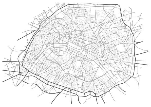 illustrations, cliparts, dessins animés et icônes de carte de la ville de la ligne monochrome paris france. plan de rues, milieu urbain. schéma vectoriel avec couches séparées. - paris