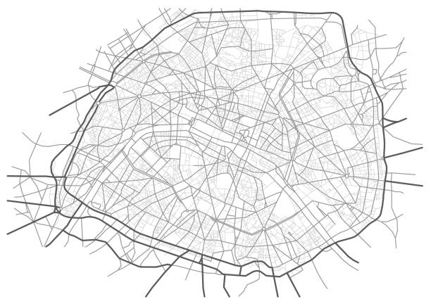 파리 프랑스 흑백 라인 도시지도. 거리, 도시 배경의 계획. 분리된 레이어가 있는 벡터 구성표입니다. - 파리 일 드 프랑스 stock illustrations