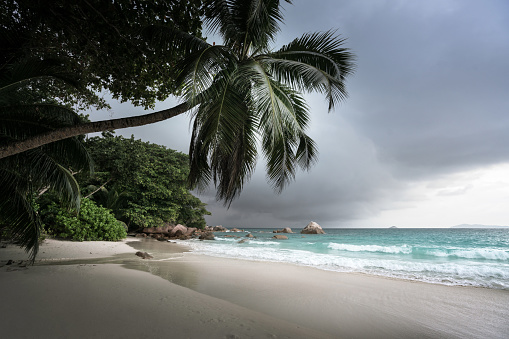 Anse Lazio beach after rain, Praslin island, Seychelles