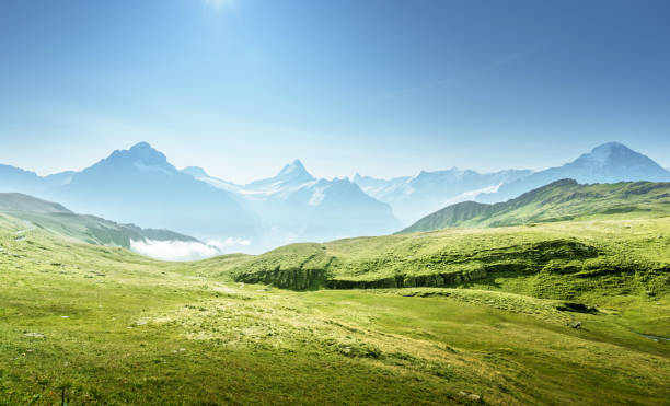 スイス、ファーストマウンテンの頂上からグリンデルヴァルト渓谷 - switzerland european alps schreckhorn horizontal ストックフォトと画像