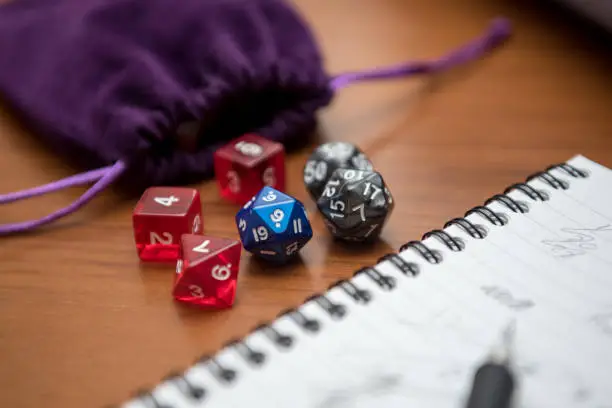 Set of pen, notebook, and dices to play role game like dungeons and dragons. Purple bag to storage the dices. in Barcelona, CT, Spain