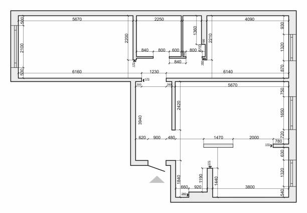 sketsa arsitektur dari denah lantai ukur. apartemen kosong (pemandangan dari atas). tata letak interior rumah di tampilan atas. garis besar vektor cetak biru - kamar mandi struktur bangunan ilustrasi ilustrasi stok
