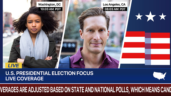 Two reporters live on television for presidential election breaking news from DC and Los Angeles.