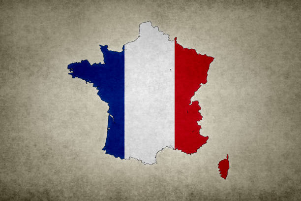 Grunge map of France with its flag printed within its border on an old paper.