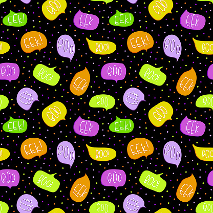 Halloween seamless pattern related boo and eek text and design on colored orange purple and green talk bubbles on black background. For paper, baby clothes and textiles