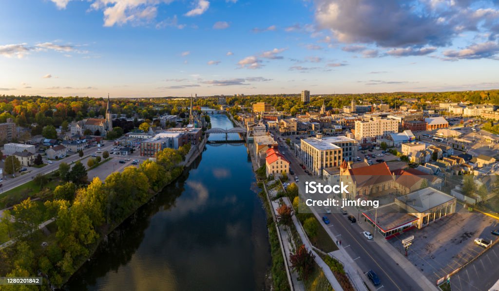 Aerial Grand River in Cambridge Galt of Ontario, Canada Cambridge, Canada. Ontario - Canada Stock Photo