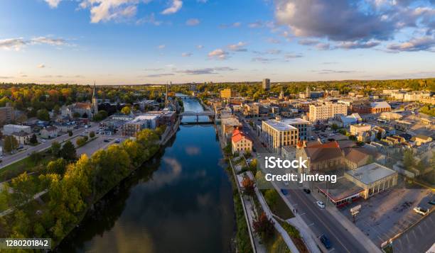 Aerial Grand River In Cambridge Galt Of Ontario Canada Stock Photo - Download Image Now