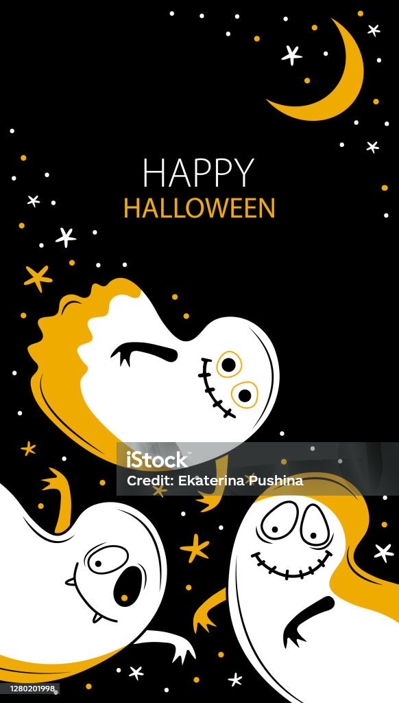 Happy Halloween Vertical Banners And Wallpaper For Social Media Stories  Funny Ghosts Fly In The Night Sky With Stars And Moon Cute Creepy Monsters  Ghost Shadow Templates With Copy Space For Text