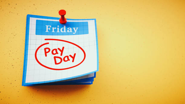A stack of white and blue adhesive notes with the label Friday and a circled in red payday text. With copy space for additional composition.