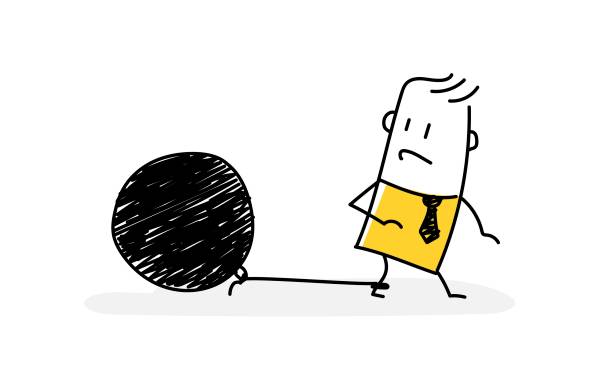 ilustrações de stock, clip art, desenhos animados e ícones de sad man looking at a large ball tied to his leg. - bomb exploding vector problems