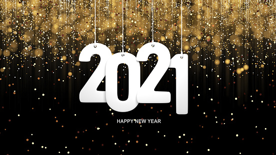 2021 Happy New Year text is hanging as a Christmas ornament for a new year greeting card background. New year, Christmas and Chinese New Year concept. Easy to crop for all your social media or print sizes.