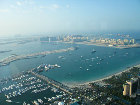 view from top point to the Persian Gulf, the island of Palma, marina and the Atlantis hotel, Dubai, UAE