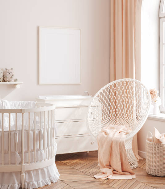 istock Mocku up frame in cozy girls nursery, Chic style interior background, 3d render 1280206759