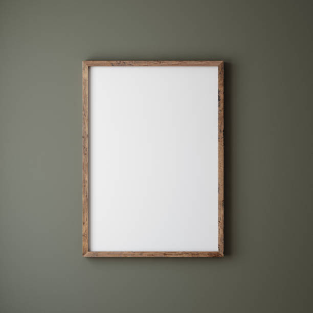 mock up poster cornice da vicino su parete dipinto di colore verde scuro - poster blank wall picture frame foto e immagini stock