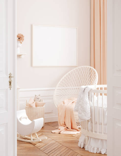 istock Mocku up frame in cozy girls nursery, Chic style interior background, 3d render 1280206770