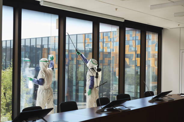 Wide Angle of Workers Disinfecting Windows in Office Wide angle portrait of two workers wearing hazmat suits disinfecting office windows in conference room, copy space biohazard cleanup stock pictures, royalty-free photos & images