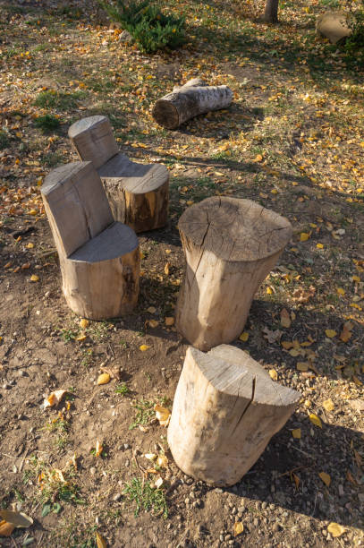 istock Wooden benches and table made of stump 1280208012