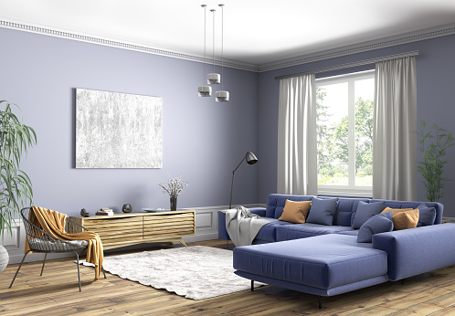 Modern interior design of scandinavian apartment, living room with blue sofa, sideboard and black armchair 3d rendering
