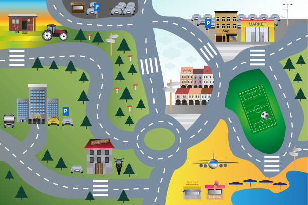 Vector cartoon illustration of children carpet or rug for play with cars. Childlike city landscape with roads and buildings for kids. Hotel, parking lot, school, beach, playground, shop, barn, forest. Rug city life to the room for kids to play with cars. Design carpet which encourages children to play with a street, park, school, shop, parking lot, beach, hotel, forest, square, roundabout, and road for playing with toy cars. beach mat stock illustrations