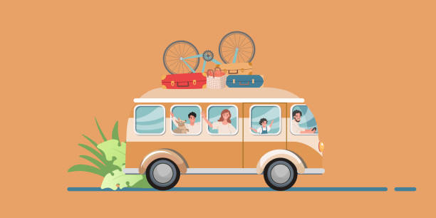 Happy family traveling in a touring van with luggage and bicycles on a white background. Mom, Dad, children and a dog - family road trip. Happy family traveling in a touring van with luggage and bicycles on a white background. Mom, Dad, children and a dog - family road trip. family vacation car stock illustrations