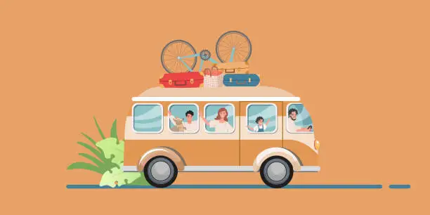 Vector illustration of Happy family traveling in a touring van with luggage and bicycles on a white background. Mom, Dad, children and a dog - family road trip.