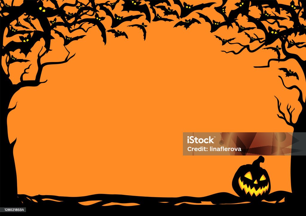 Halloween Nachtrahmen mit Fledermäusen und Jack O' Laternen. Vektor-Plakat-Illustration. - Lizenzfrei Halloween Vektorgrafik
