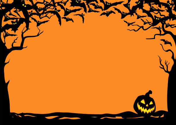 illustrazioni stock, clip art, cartoni animati e icone di tendenza di cornice notturna di halloween con pipistrelli e lanterne jack o'. illustrazione poster vettoriale. - halloween