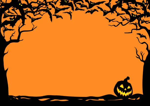 Vector illustration of Halloween night frame with bats and Jack O' Lanterns. Vector poster illustration.