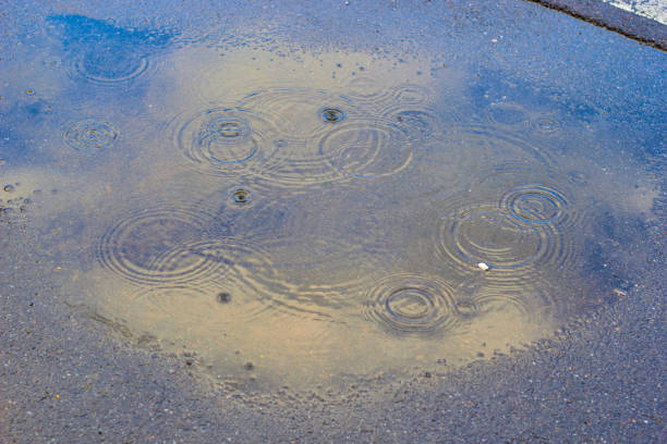 raindrops in a puddle on the asphalt with the reflection of clouds.