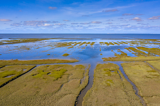 Aerial view of Tidal Marshland national park and Unesco World heritage area Waddensea in Province of Groningen. Netherlands