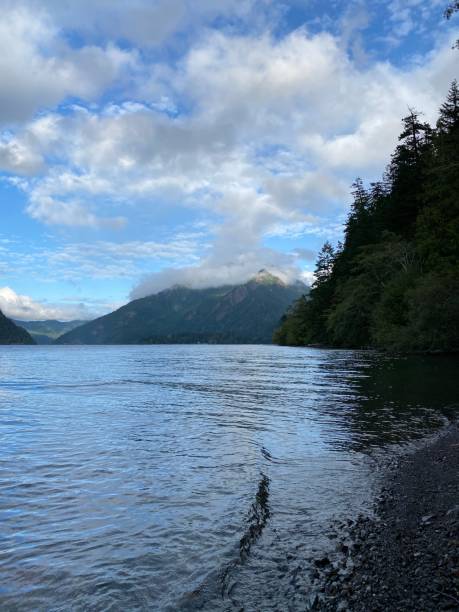 istock Dark scene from side of a river with mountains in background 1280219608