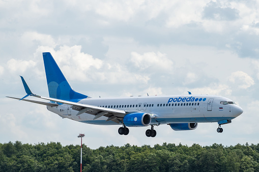 July 2, 2019, Moscow, Russia. Airplane Boeing Boeing 737-800 Pobeda airline at Vnukovo airport in Moscow.