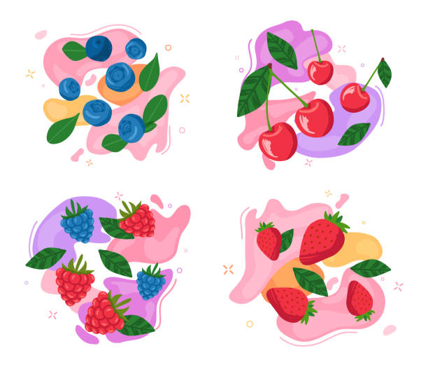 zestaw jagód na abstrakcyjnym tle - berry fruit blueberry floral pattern strawberry stock illustrations