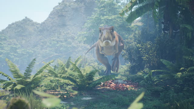 Prehistoric dinosaur Tyrannosaurus T-Rex hunts in the morning green jungle. View of the green prehistoric jungle forest on a Sunny morning.