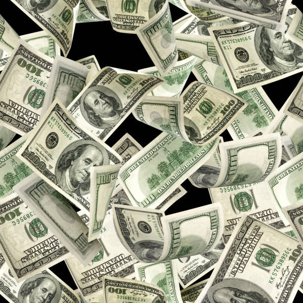 istock Dollars pattern us bill. Washington American cash. Falling usd money isolated on black background. 1280223136