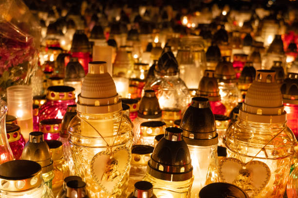 istock Close up on candle lanterns, focus on foreground 1280223981