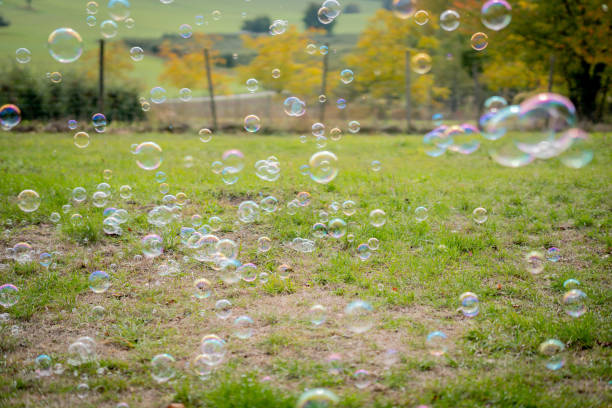 istock Image of soap bubbles on a sunny day on a green meadow. Background. 1280224982