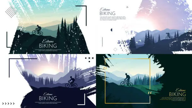 Vector illustration of Travel concept of discovering, exploring and observing nature. Mountain bike. Cycling. Adventure tourism. Minimalist graphic poster. Polygonal flat design for cover, gift card, invitation, banner.