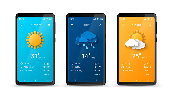 Weather forecast widget at smartphone screen. Vector illustration. Mobile phone with daily weather forecast application template. Sun, clouds, thunderstorm and rain