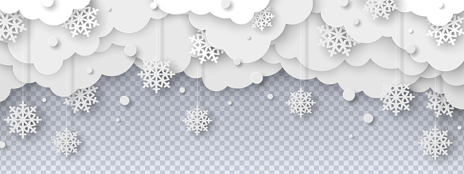 Falling snow on transparent background in paper cut style. Snowstorm clouds overlay effect for Christmas and New Year Design. Vector illustration